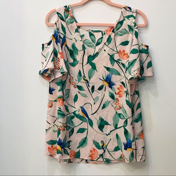 EUC C & E Floral Bird Cold Shoulder Blouse small - Picture 6 of 10